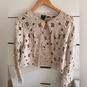 bobeau Cream Crochet Openwork Button-Front Cardigan